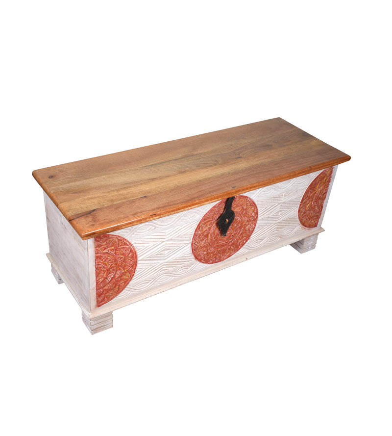 Handcrafted Wooden Storage Chest with Decorative Medallions