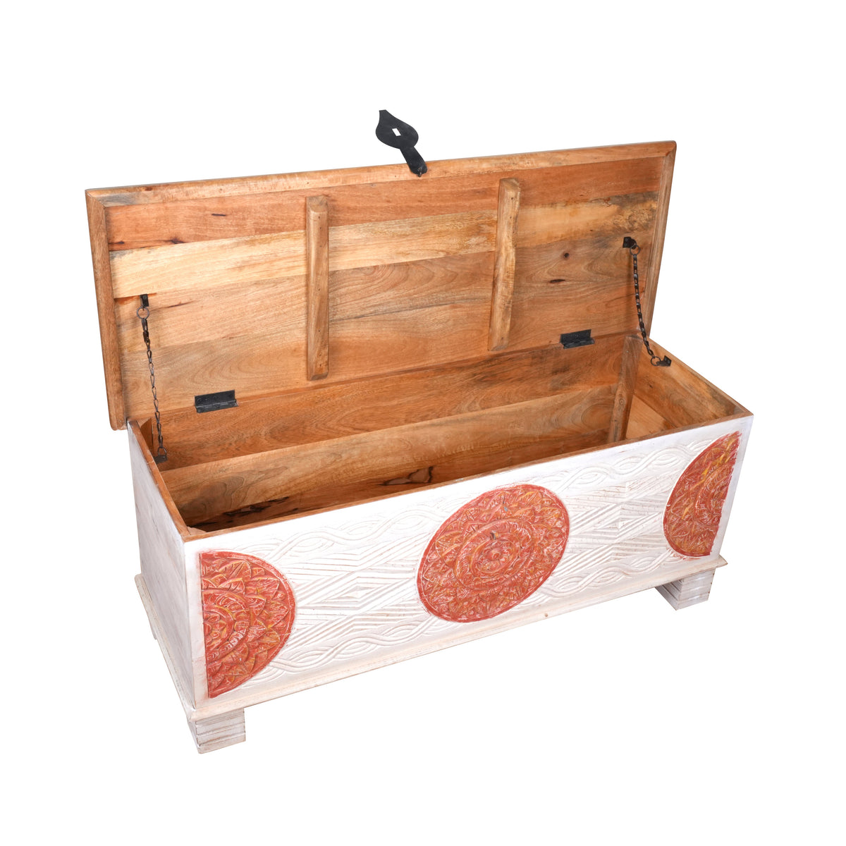 Handcrafted Wooden Storage Chest with Decorative Medallions