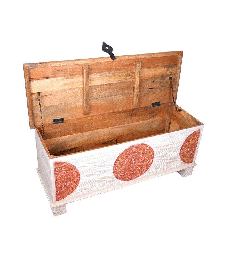 Handcrafted Wooden Storage Chest with Decorative Medallions