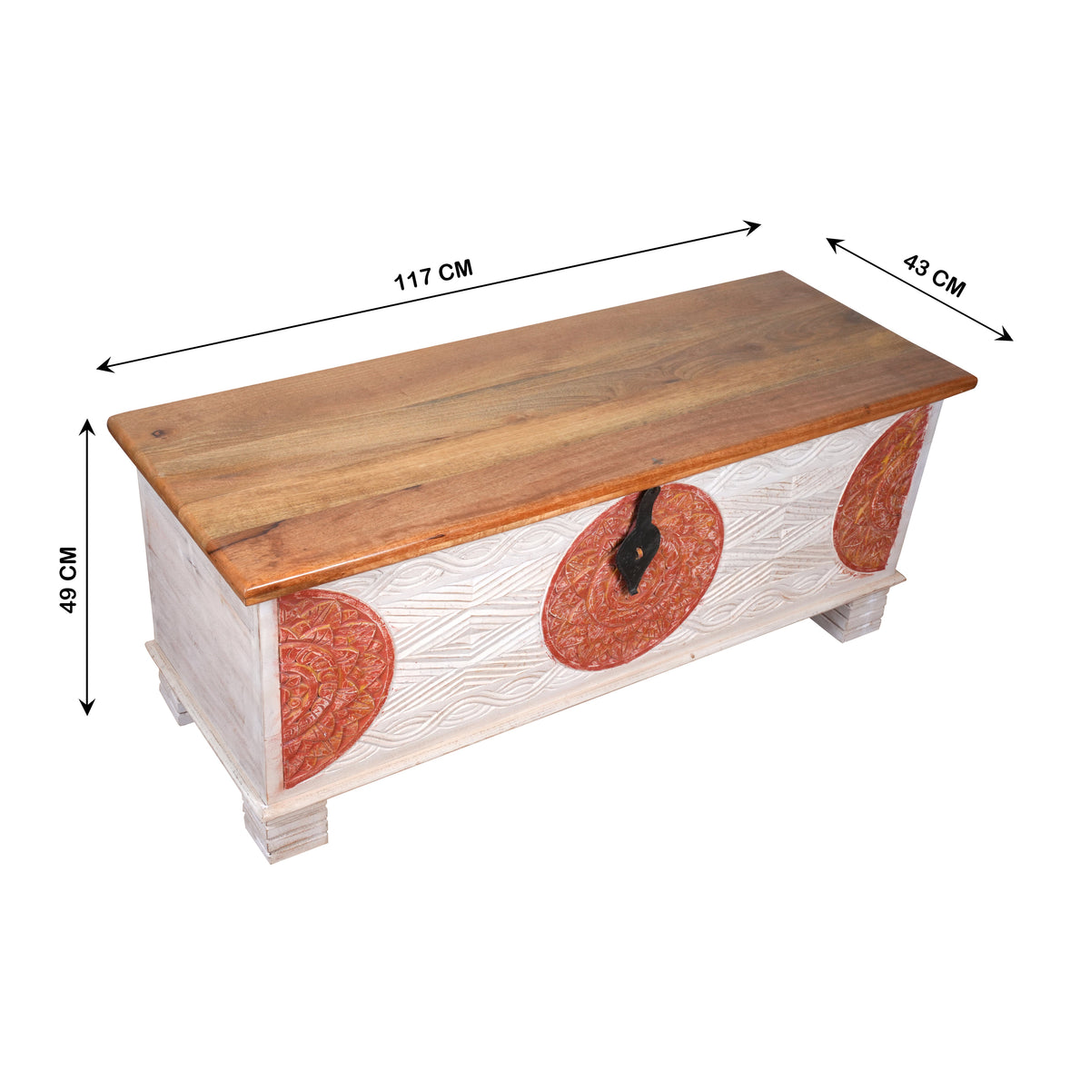Handcrafted Wooden Storage Chest with Decorative Medallions