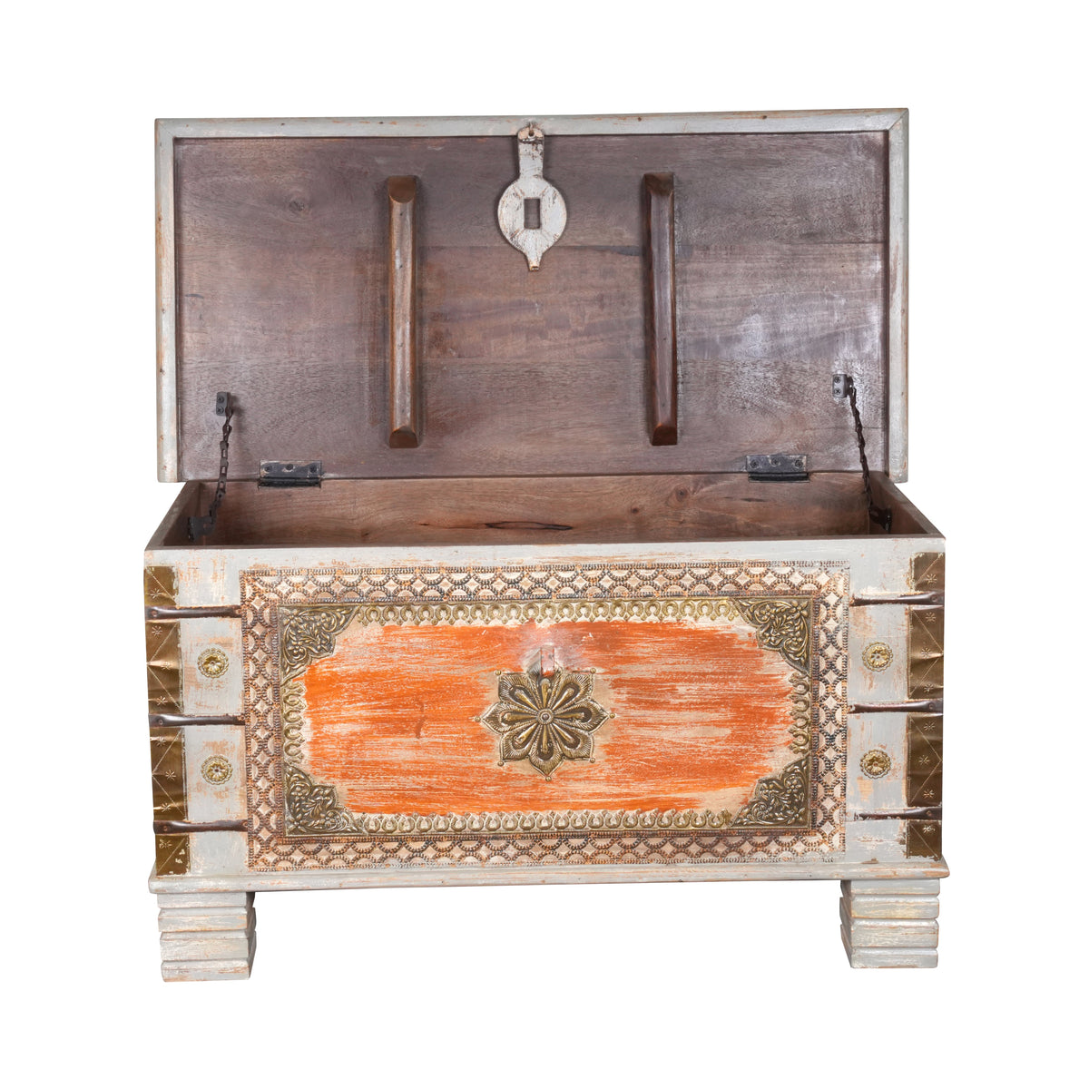 Handcrafted Vintage Wooden Storage Trunk with Decorative Detailing