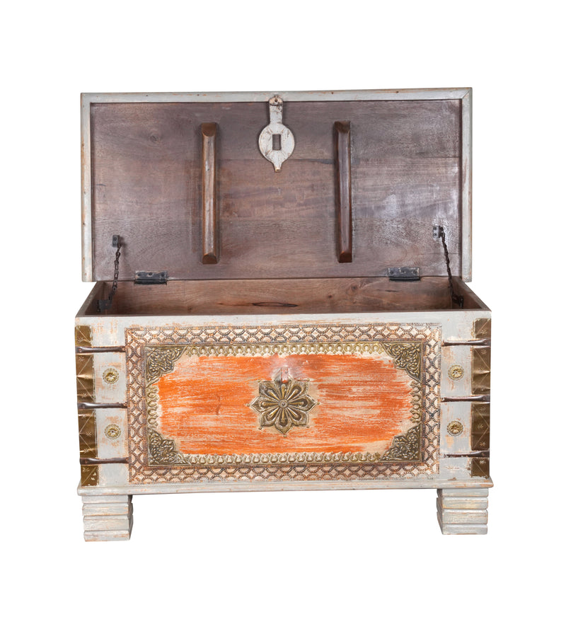 Handcrafted Vintage Wooden Storage Trunk with Decorative Detailing