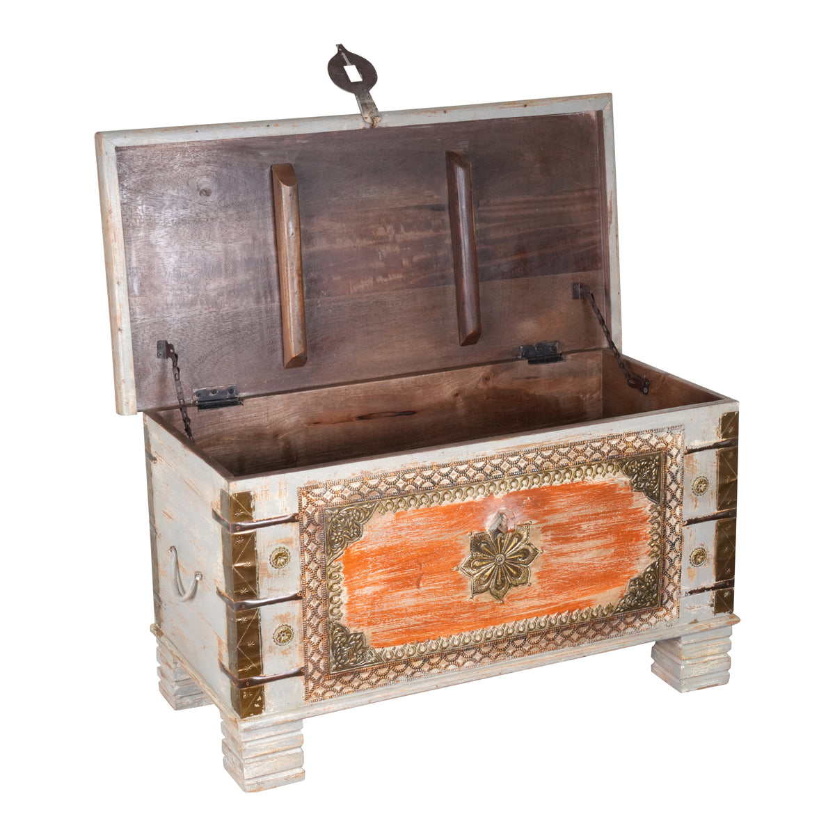 Handcrafted Vintage Wooden Storage Trunk with Decorative Detailing