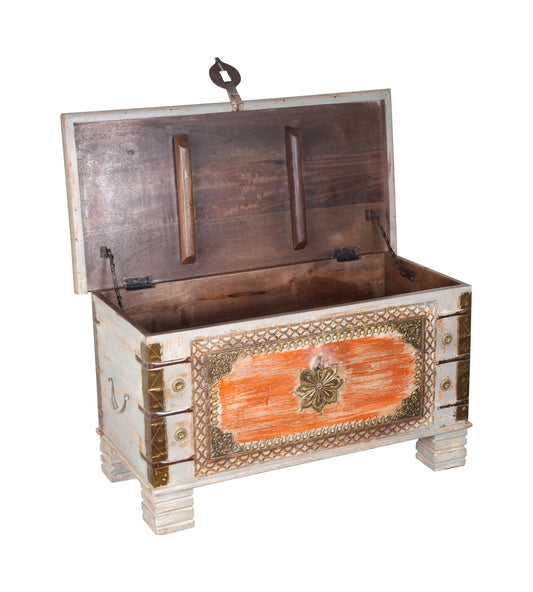 Handcrafted Vintage Wooden Storage Trunk with Decorative Detailing