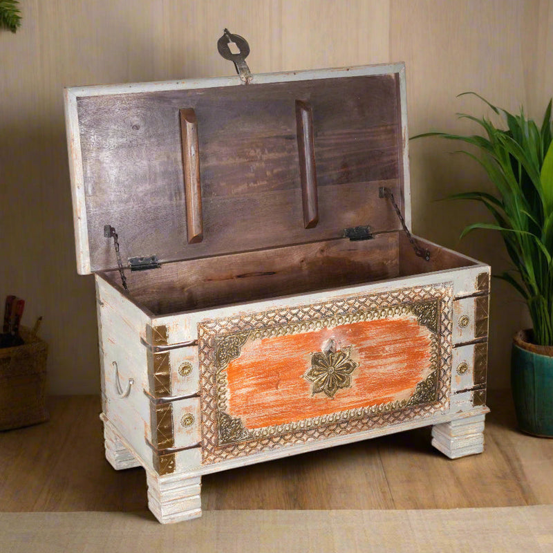 Handcrafted Vintage Wooden Storage Trunk with Decorative Detailing