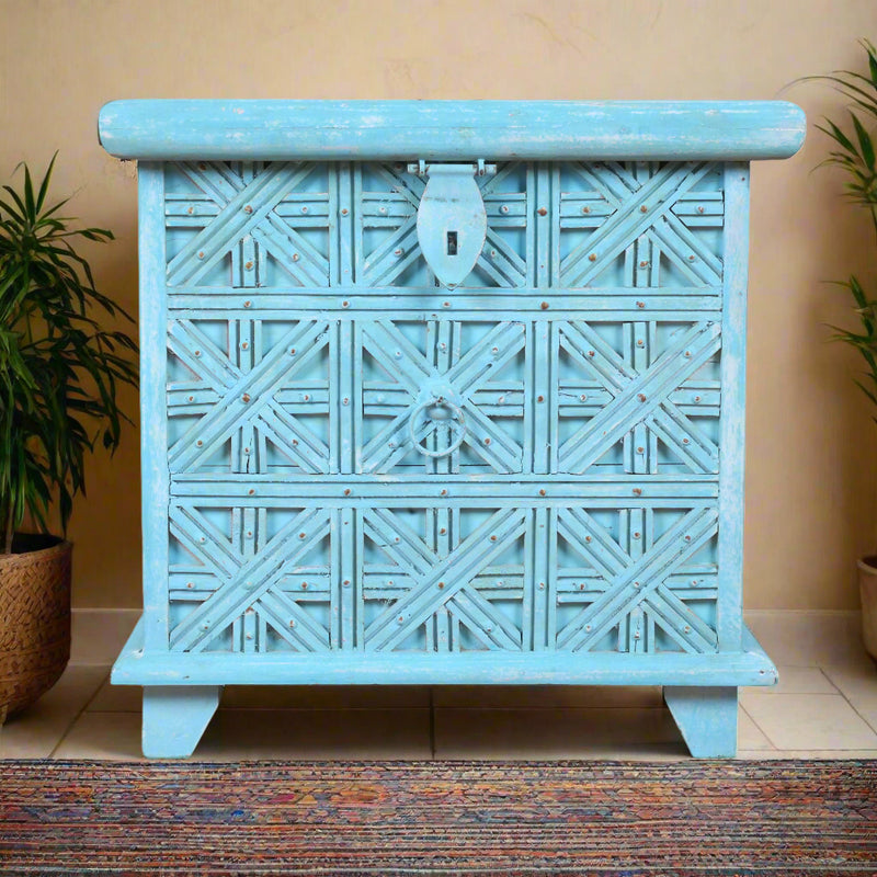 Handcrafted Turquoise Wooden Chest with Geometric Design