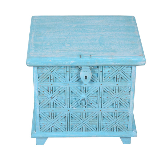Handcrafted Turquoise Wooden Chest with Geometric Design