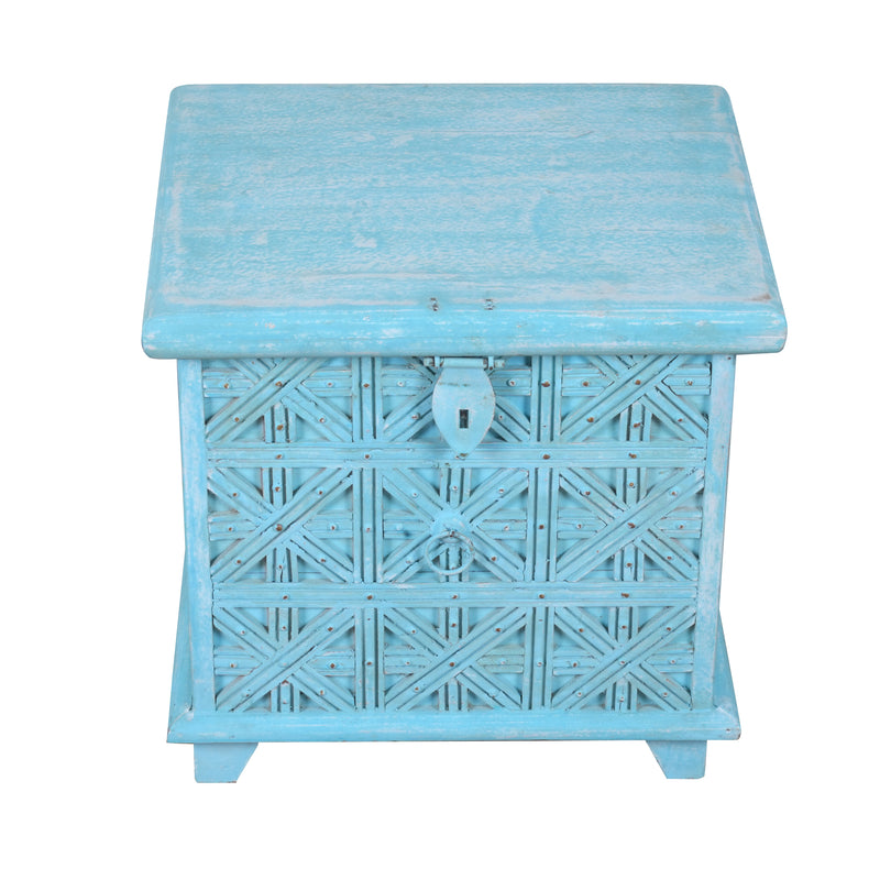 Handcrafted Turquoise Wooden Chest with Geometric Design