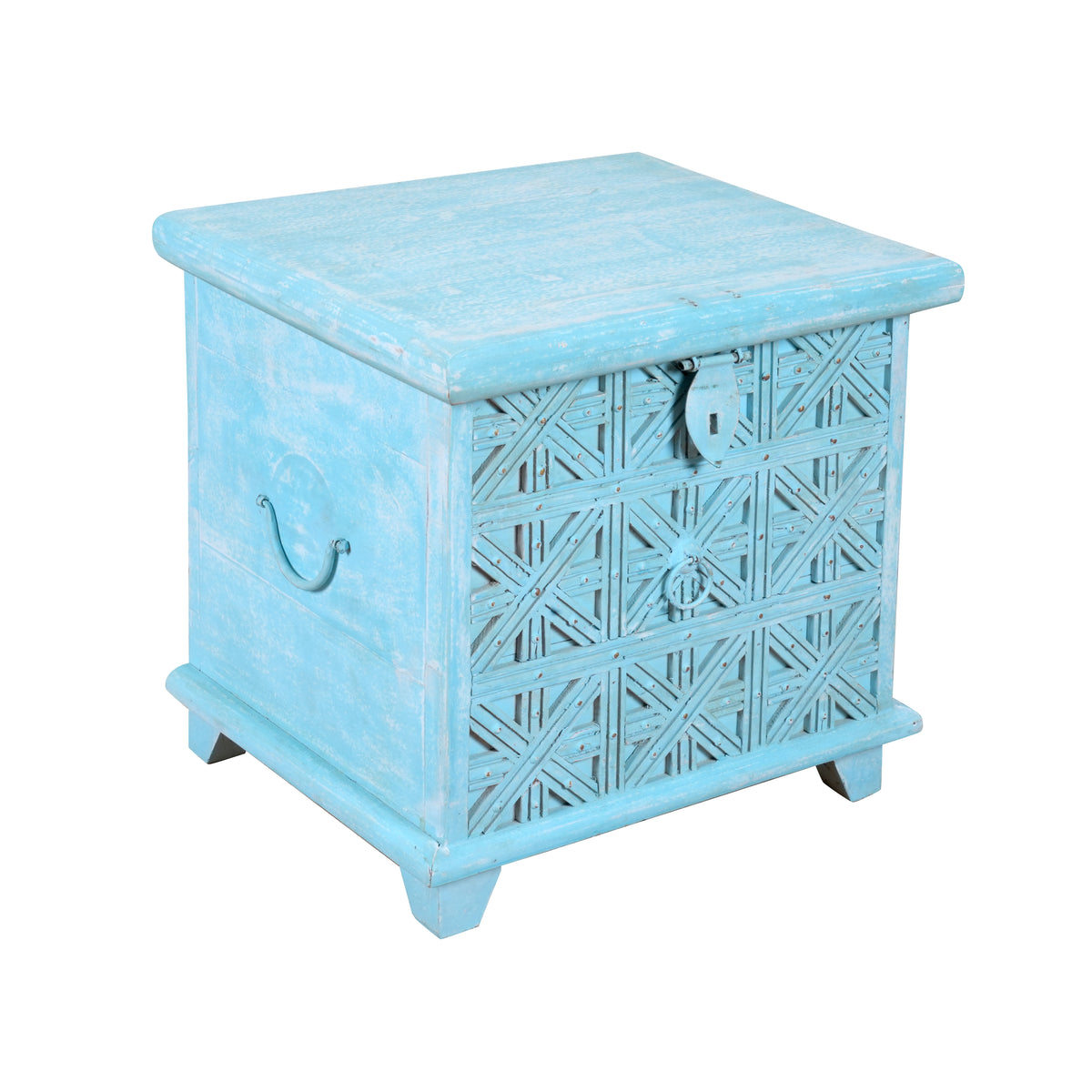 Handcrafted Turquoise Wooden Chest with Geometric Design