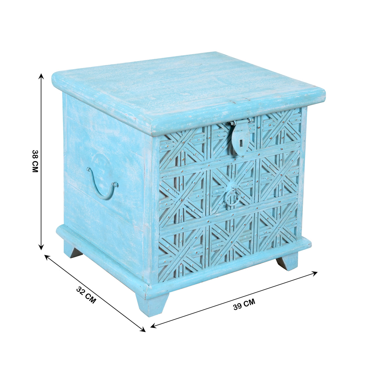 Handcrafted Turquoise Wooden Chest with Geometric Design