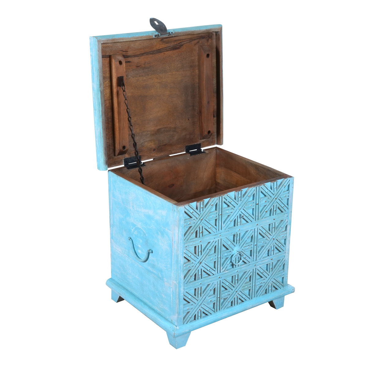 Handcrafted Turquoise Wooden Chest with Geometric Design