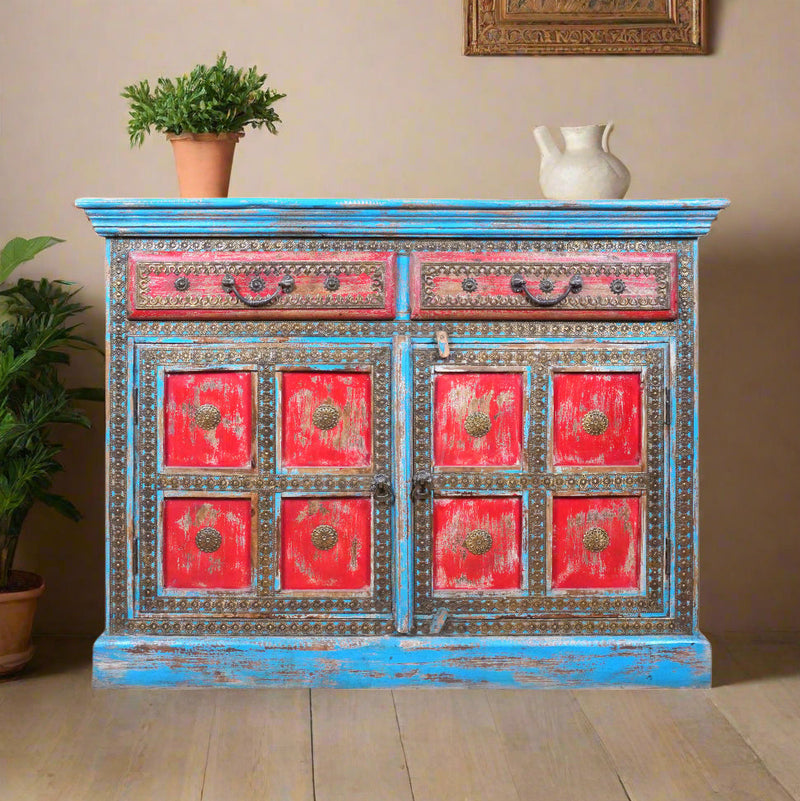 Handcrafted Wooden Sideboard with Distressed Finish and Decorative Detailing