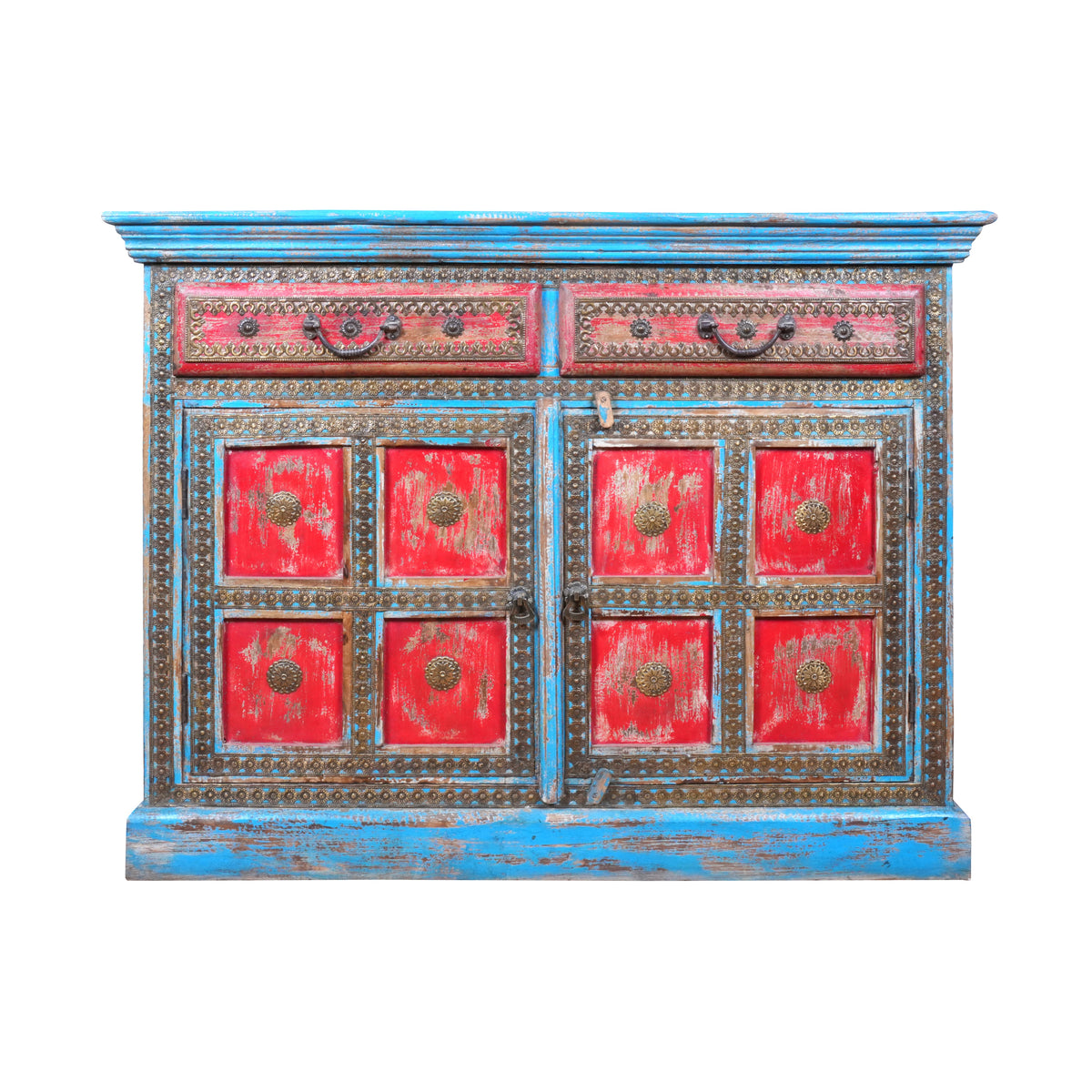 Handcrafted Wooden Sideboard with Distressed Finish and Decorative Detailing