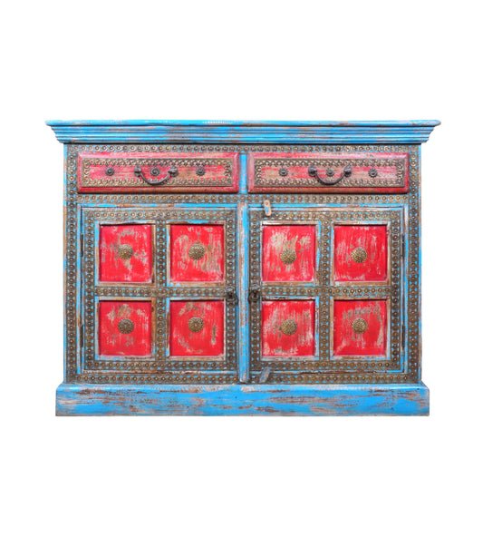 Handcrafted Wooden Sideboard with Distressed Finish and Decorative Detailing