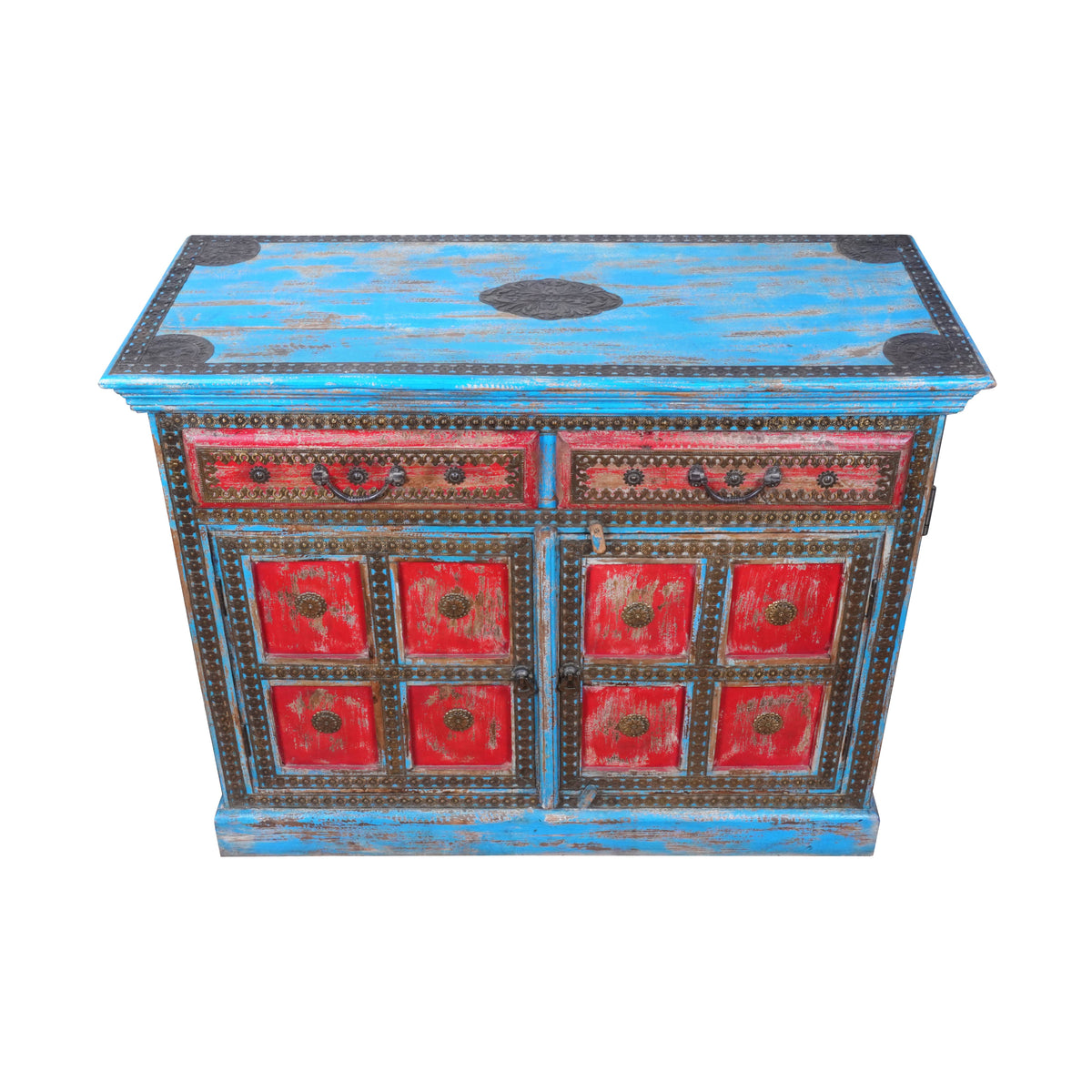Handcrafted Wooden Sideboard with Distressed Finish and Decorative Detailing