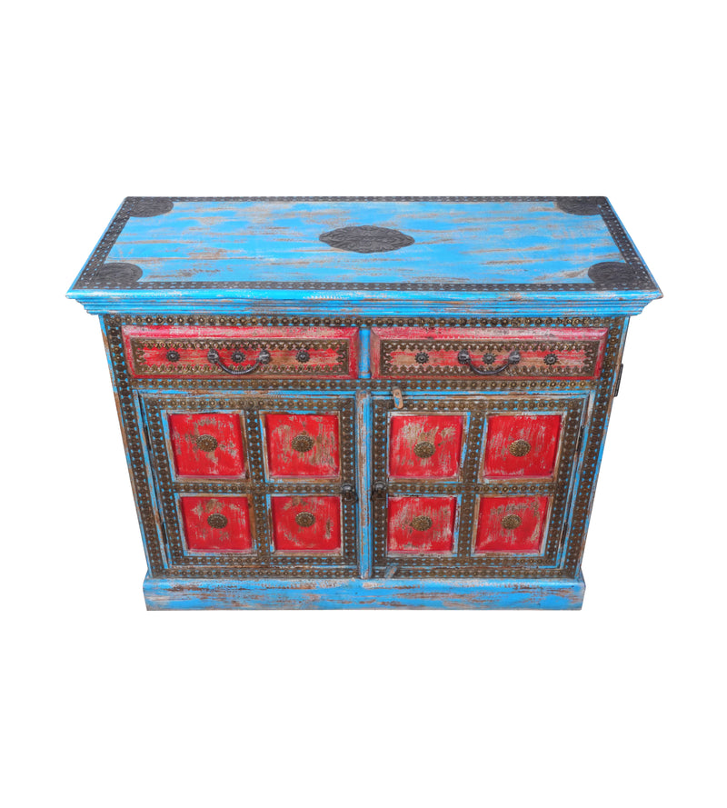 Handcrafted Wooden Sideboard with Distressed Finish and Decorative Detailing