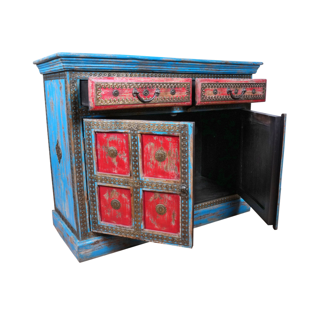 Handcrafted Wooden Sideboard with Distressed Finish and Decorative Detailing