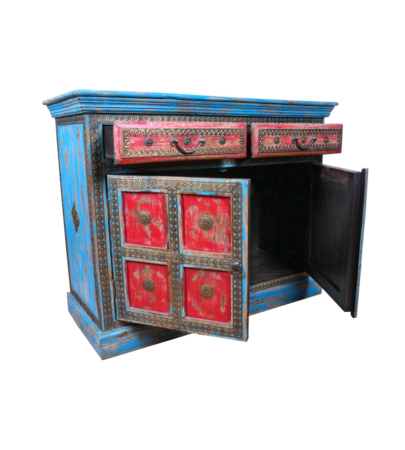 Handcrafted Wooden Sideboard with Distressed Finish and Decorative Detailing
