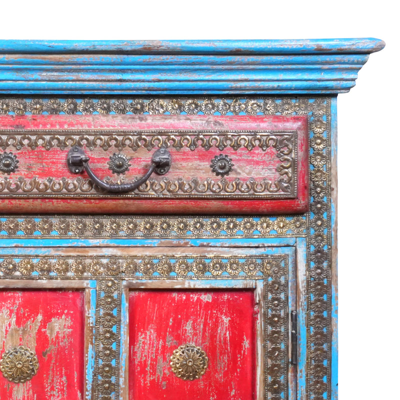 Handcrafted Wooden Sideboard with Distressed Finish and Decorative Detailing