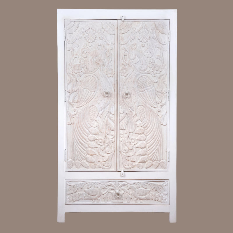 Handcrafted Wooden Armoire with Intricate Peacock Carved Detailing