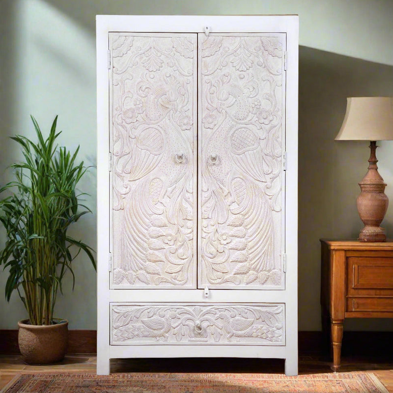 Handcrafted Wooden Armoire with Intricate Peacock Carved Detailing