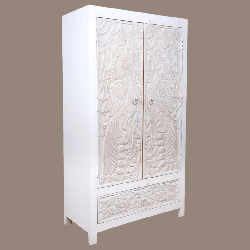 Handcrafted Wooden Armoire with Intricate Peacock Carved Detailing
