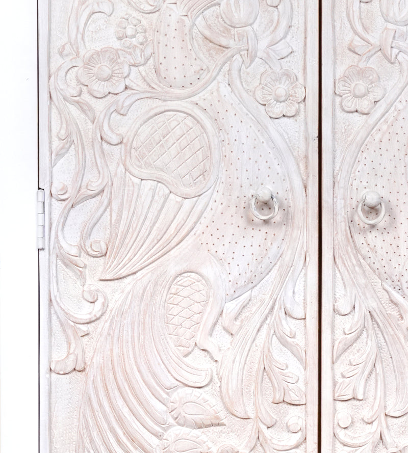 Handcrafted Wooden Armoire with Intricate Peacock Carved Detailing