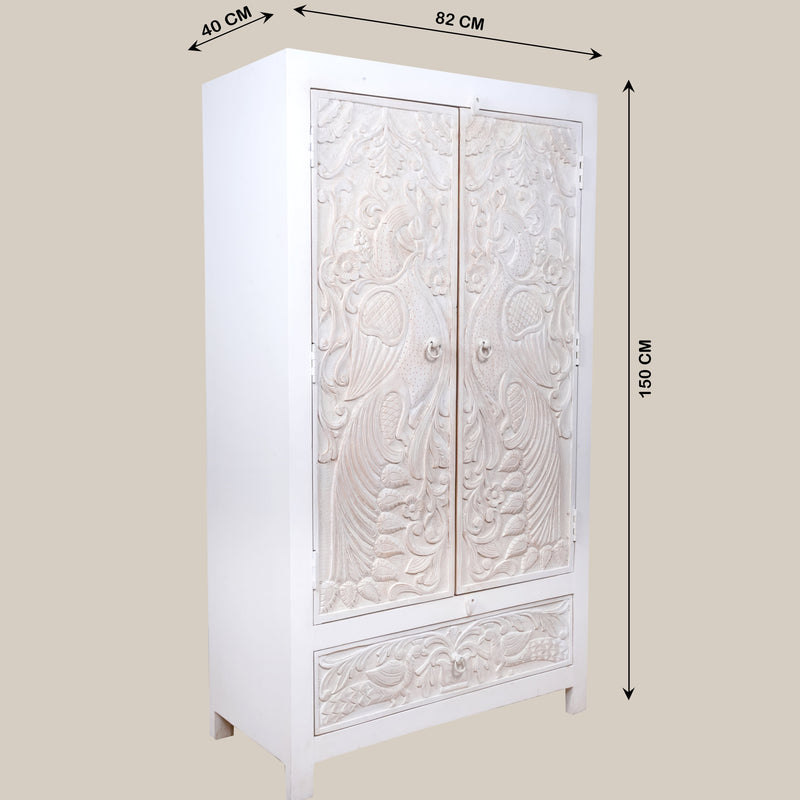 Handcrafted Wooden Armoire with Intricate Peacock Carved Detailing