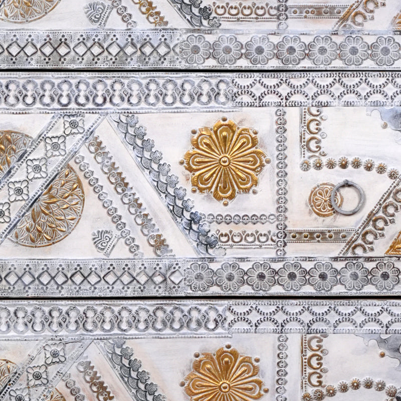 Handcrafted Wooden Chest of Drawers with Decorative Panels and Metal Accents