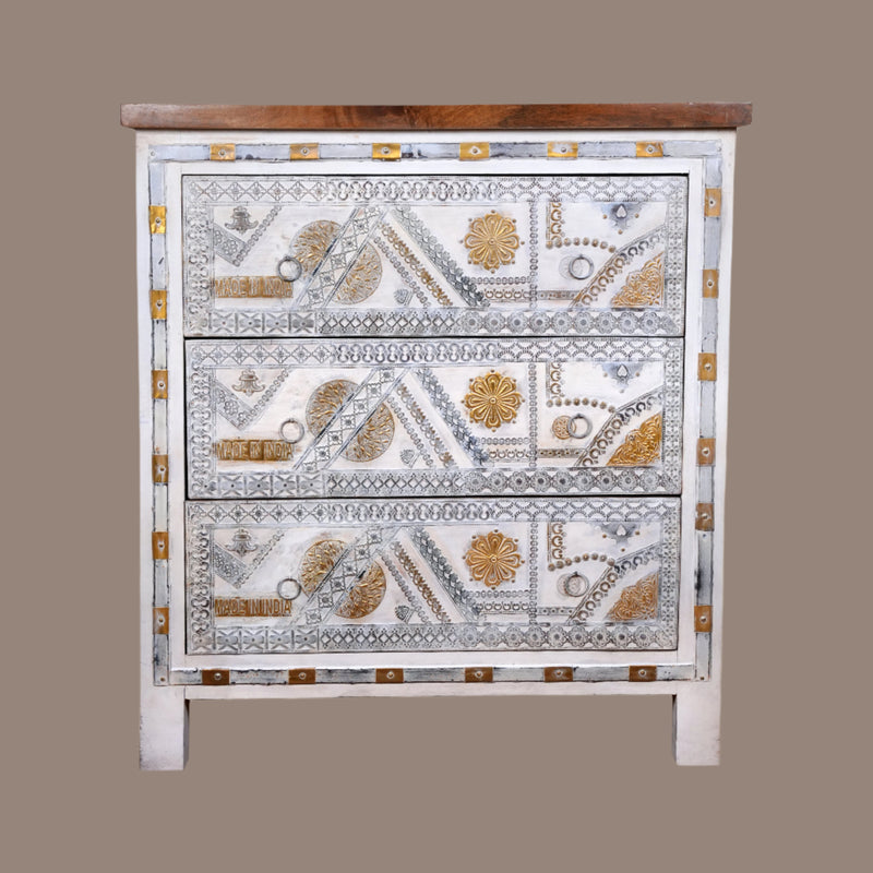 Handcrafted Wooden Chest of Drawers with Decorative Panels and Metal Accents