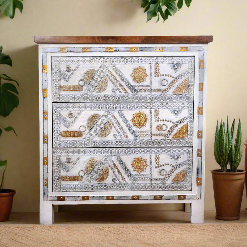 Handcrafted Wooden Chest of Drawers with Decorative Panels and Metal Accents
