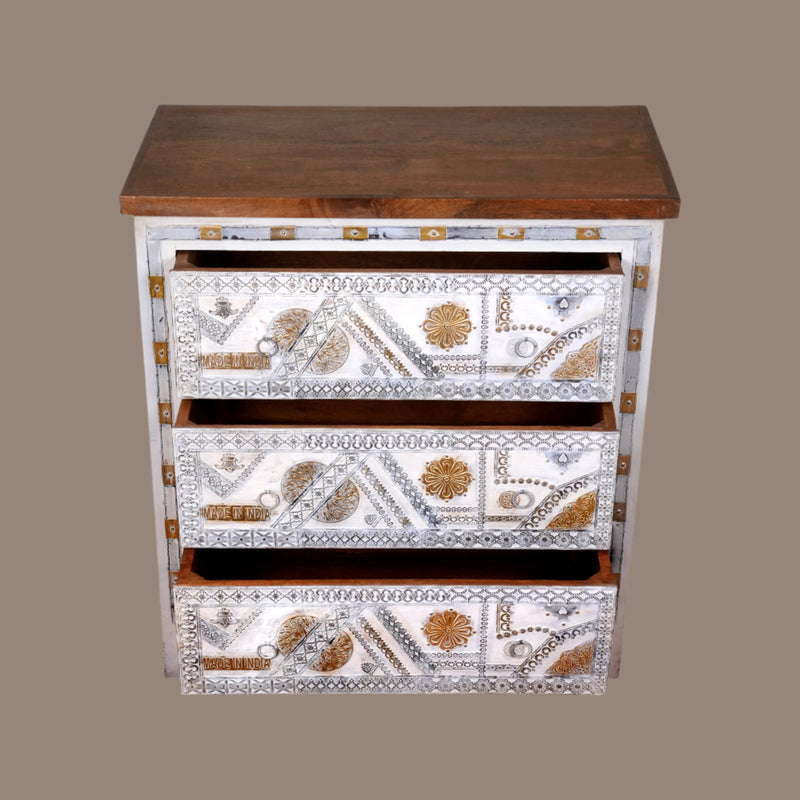 Handcrafted Wooden Chest of Drawers with Decorative Panels and Metal Accents