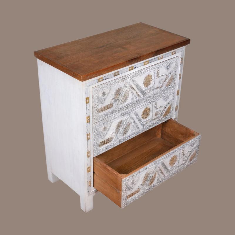 Handcrafted Wooden Chest of Drawers with Decorative Panels and Metal Accents