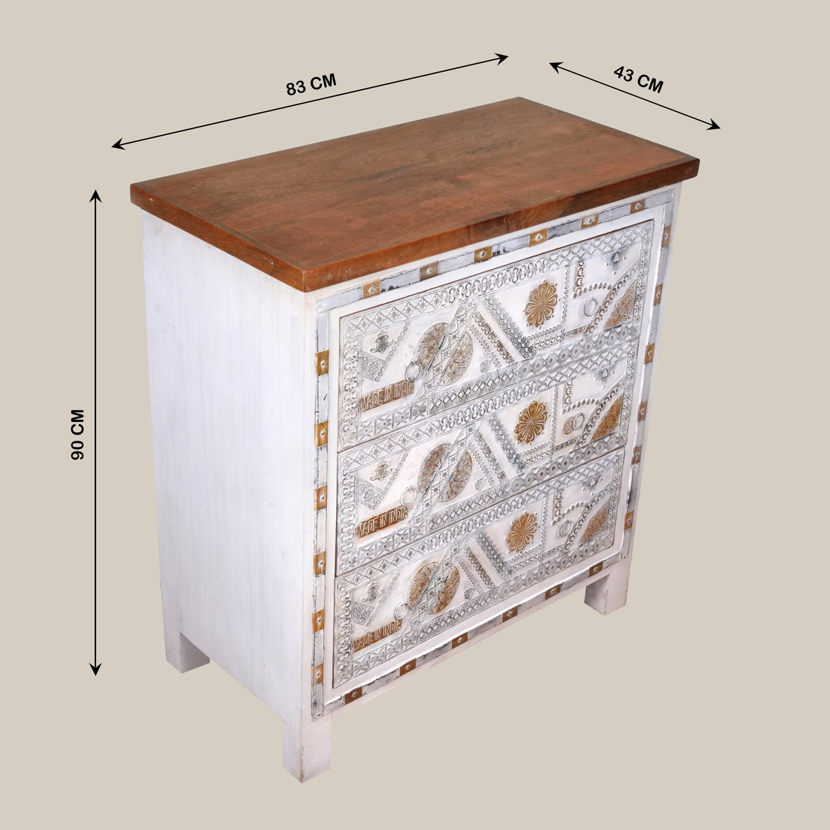 Handcrafted Wooden Chest of Drawers with Decorative Panels and Metal Accents