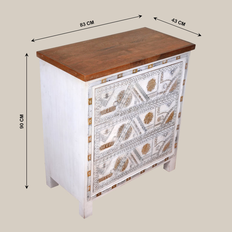 Handcrafted Wooden Chest of Drawers with Decorative Panels and Metal Accents