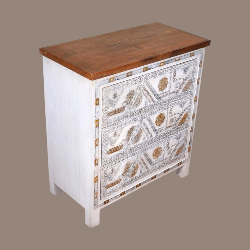 Handcrafted Wooden Chest of Drawers with Decorative Panels and Metal Accents