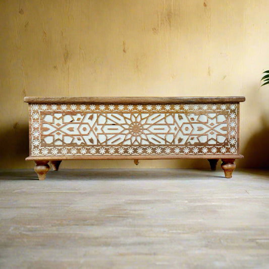 Handcrafted Wooden Storage Chest with Intricate Carving