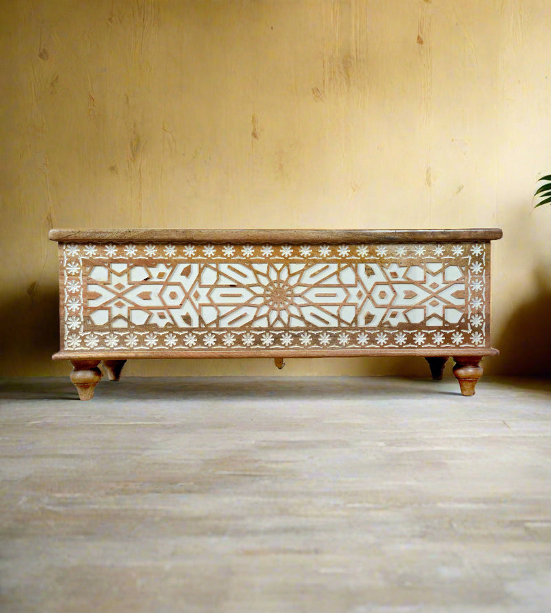 Handcrafted Wooden Storage Chest with Intricate Carving