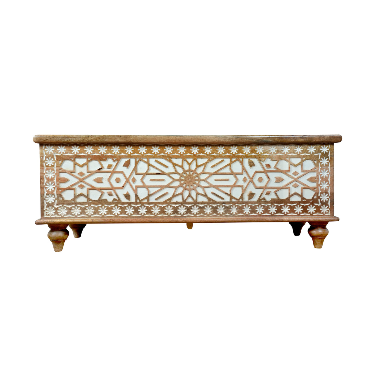 Handcrafted Wooden Storage Chest with Intricate Carving