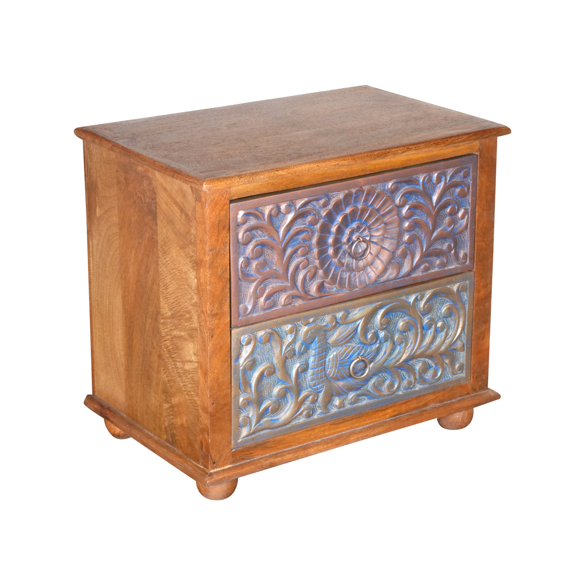 Handcrafted Wooden Bedside Table/Accent Cabinet with Intricate Carved Detailing