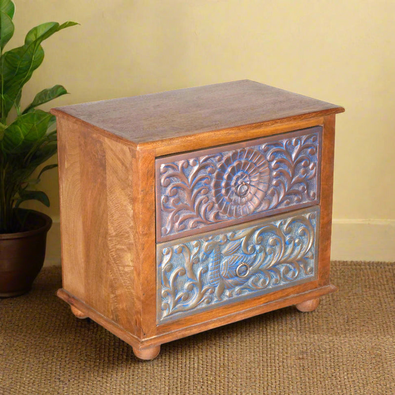 Handcrafted Wooden Bedside Table/Accent Cabinet with Intricate Carved Detailing