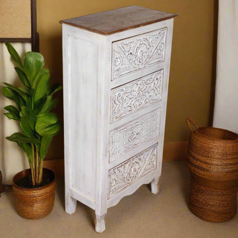Handcrafted Wooden Tall Chest of Drawers with Intricate Carved Detailing - From Jodhpur