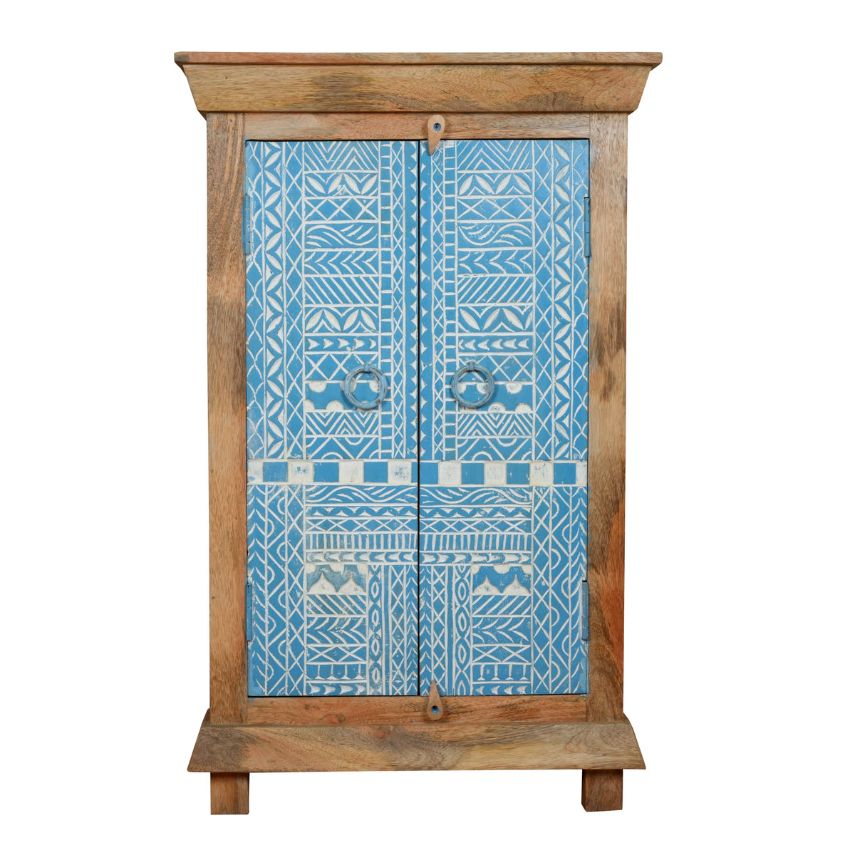 Handcrafted Wooden Cabinet with Decorative Blue Doors