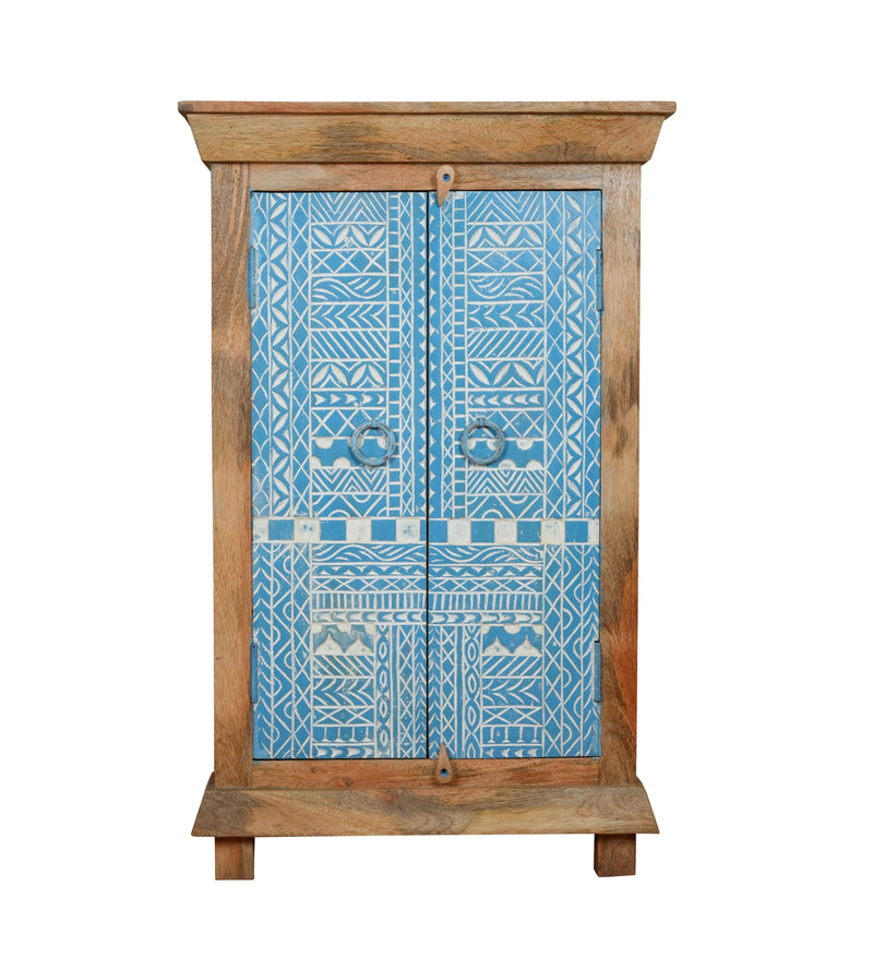 Handcrafted Wooden Cabinet with Decorative Blue Doors