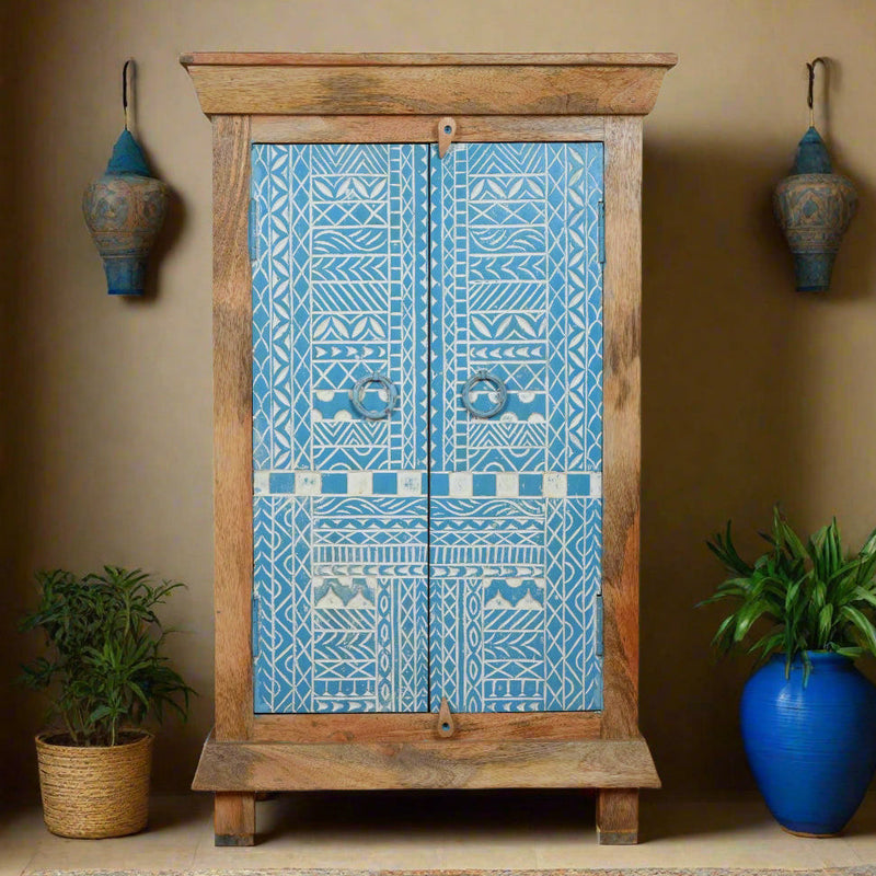 Handcrafted Wooden Cabinet with Decorative Blue Doors