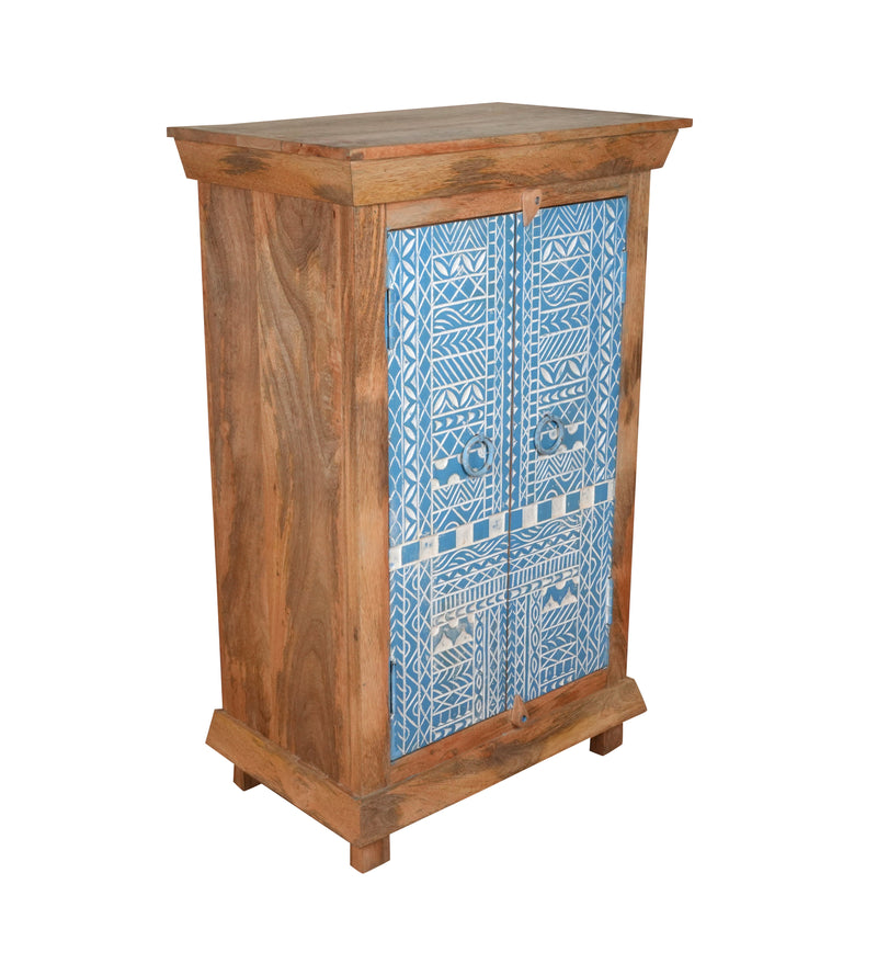Handcrafted Wooden Cabinet with Decorative Blue Doors