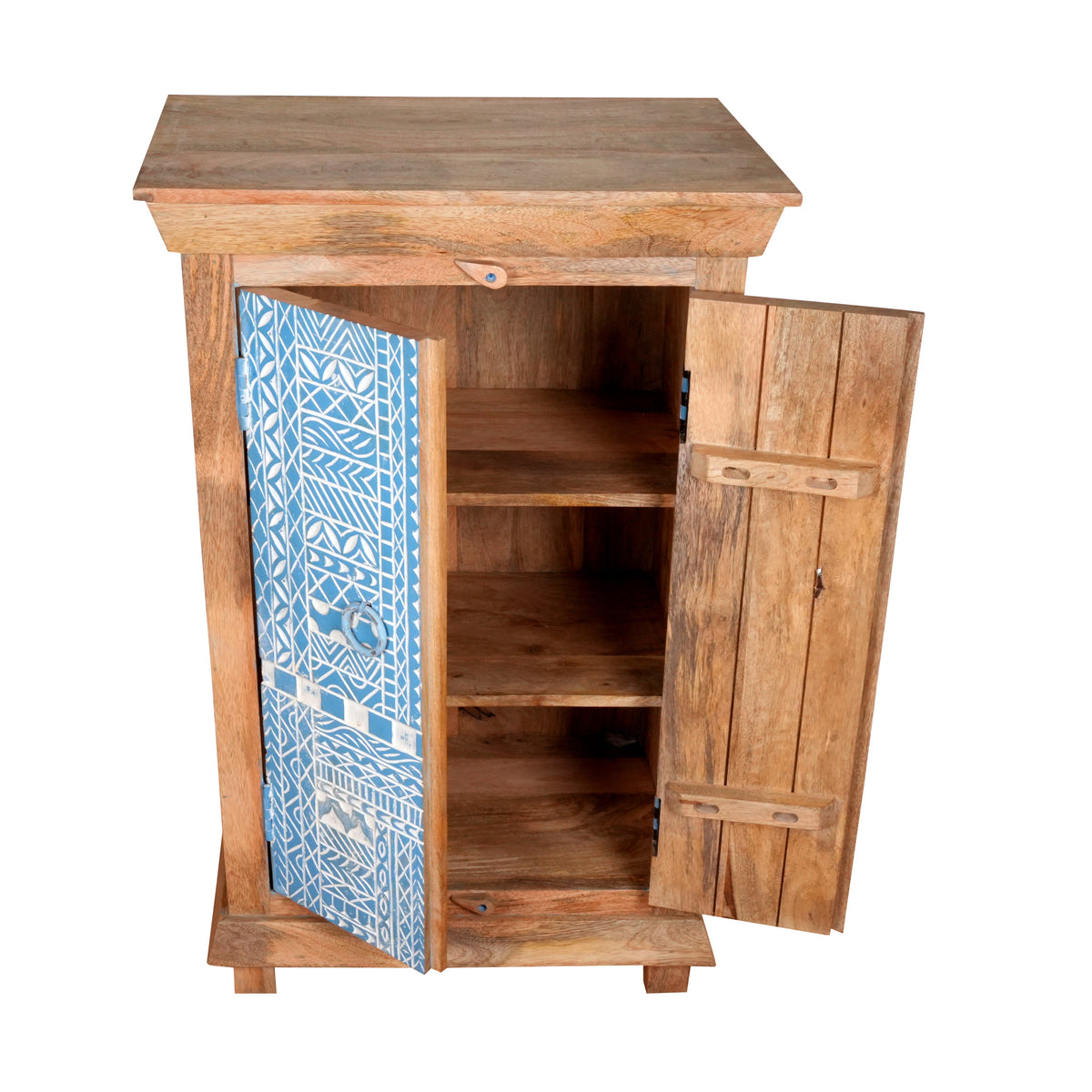 Handcrafted Wooden Cabinet with Decorative Blue Doors
