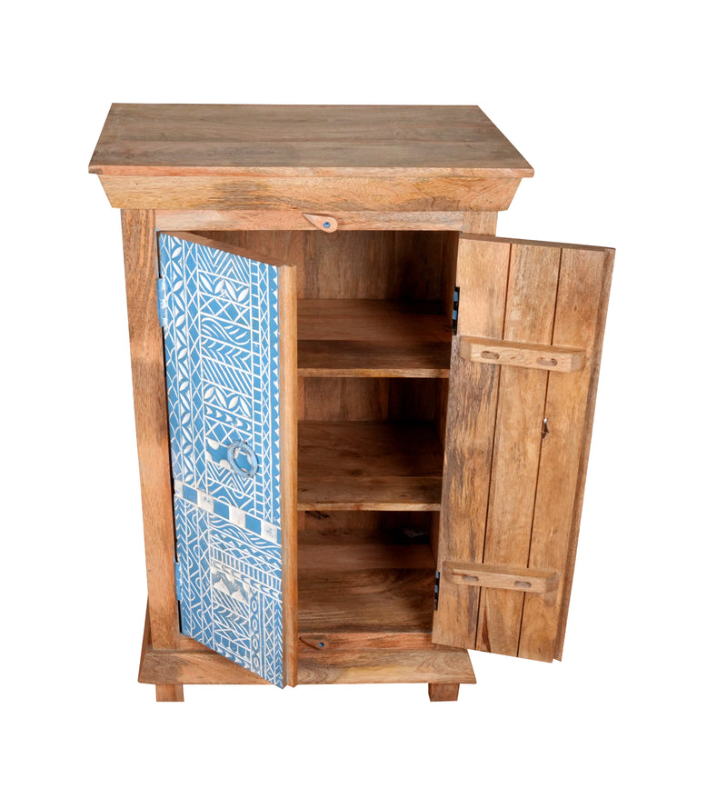 Handcrafted Wooden Cabinet with Decorative Blue Doors