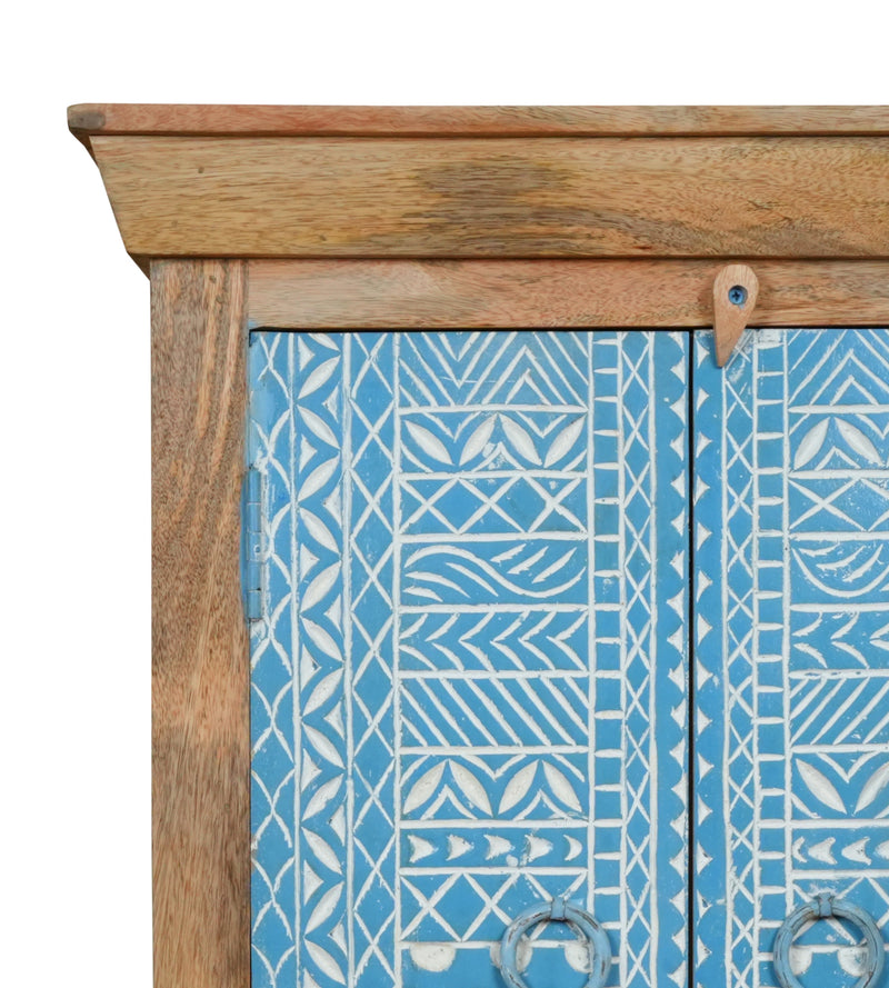 Handcrafted Wooden Cabinet with Decorative Blue Doors