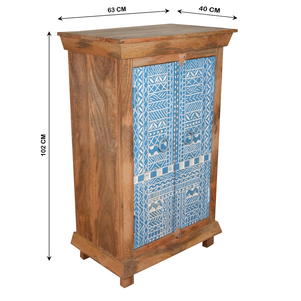 Handcrafted Wooden Cabinet with Decorative Blue Doors